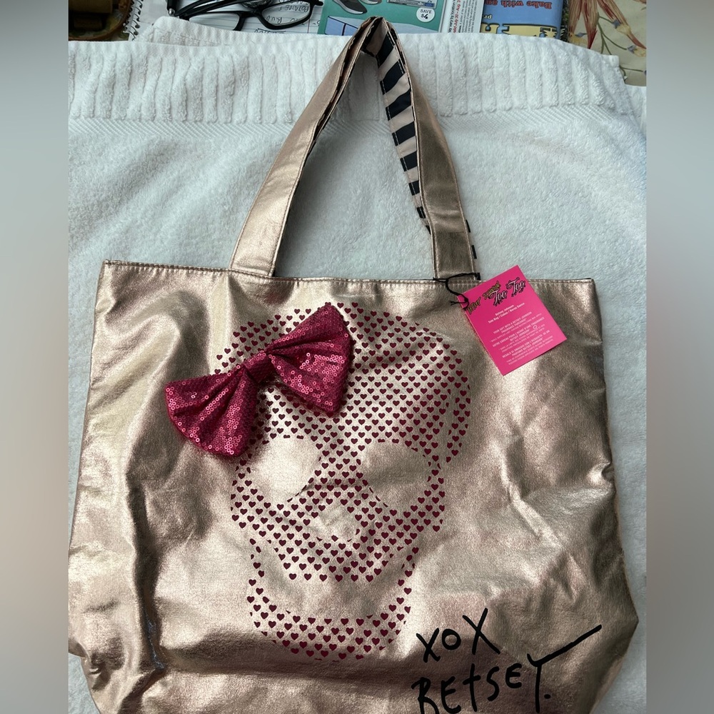Betsey Johnson Rose Gold Fuchsia Skeleton Bag Tote Purse